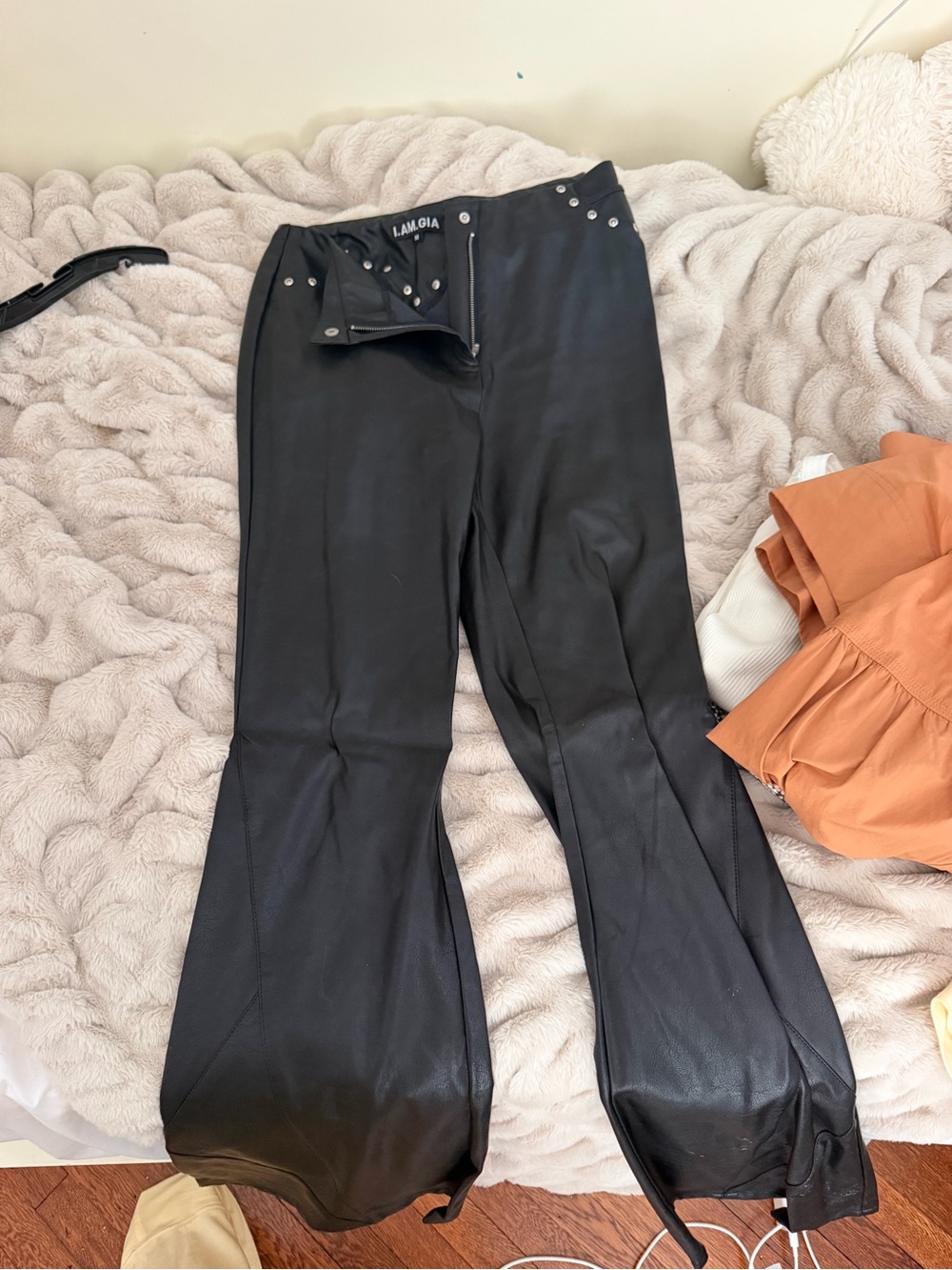 Moda Black Faux Leather Flared Pants with Stud Accents